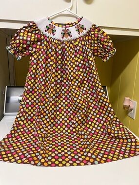 Girls' Brown Polka Dot Smocked Dress with Multicolor Dots